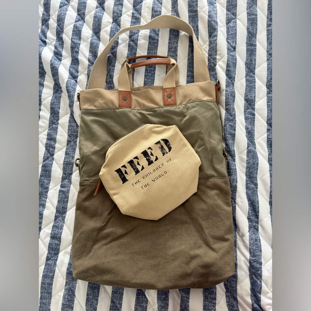 Lauren Bush Lauren Feed Fold Over GO TO Canvas Bag Olive Green Tan